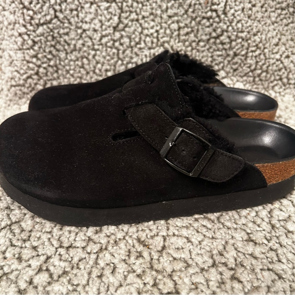 Birkenstock Papillio Boston clog sandals lined black fuzzy size 39 women’s 8 M 6 - Picture 3 of 6
